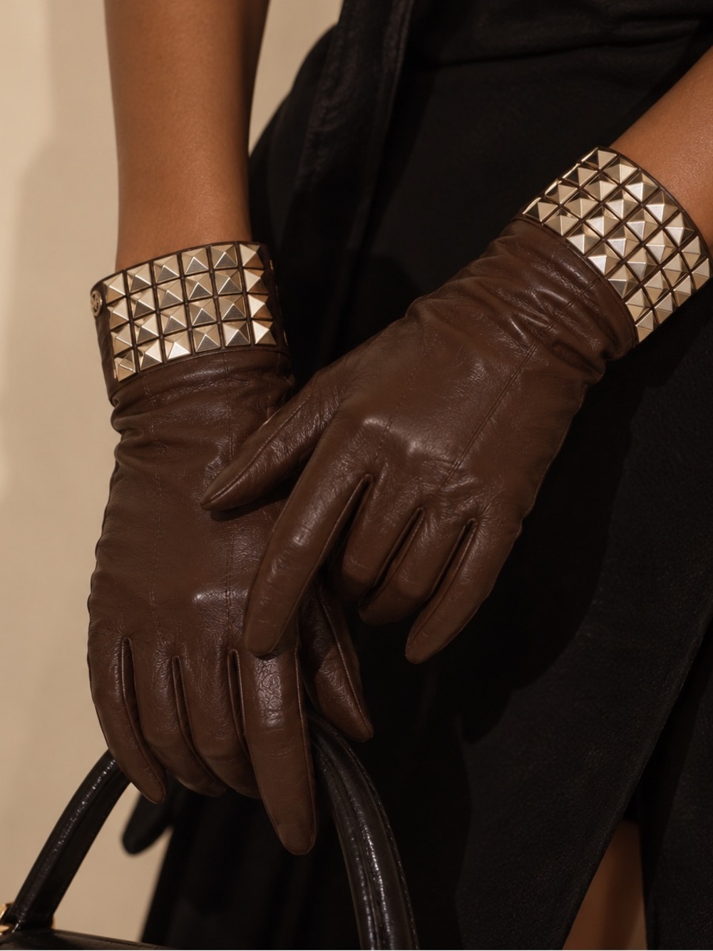 NWOT Stud-Cuff Brown Leather Women's Gloves